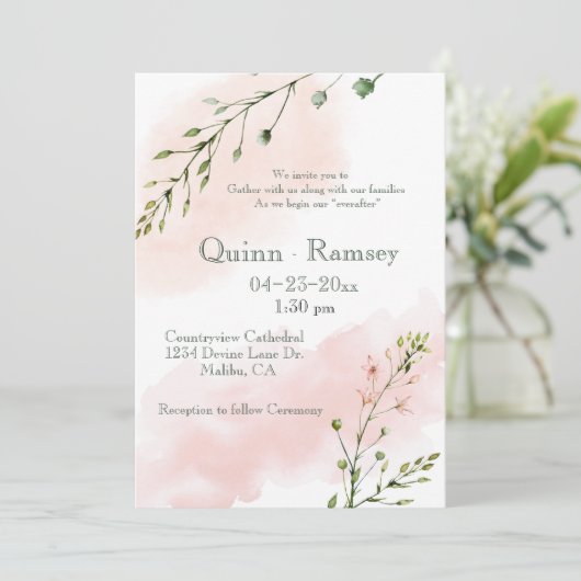 Faire-part de mariage de script d'aquarelle rose p (Debout devant)