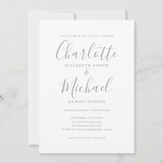 Faire-part de mariage de script de signature verte (Devant)