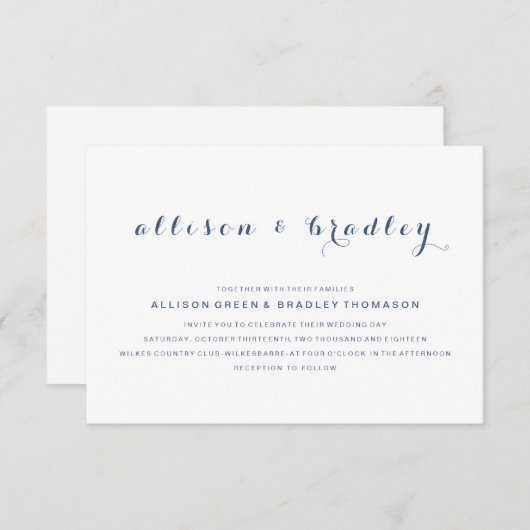 Faire-part de mariage de script Dusty Navy personn (Devant / Derrière)