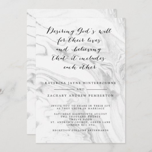 Faire-part de mariage de script élégant en marbre  (Devant / Derrière)