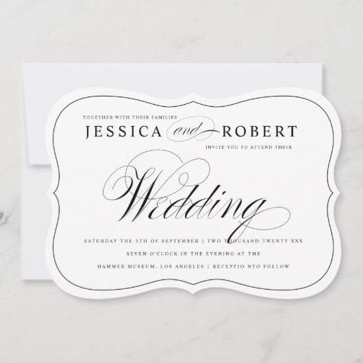 Faire-part de mariage de script élégant noir et bl (Devant)