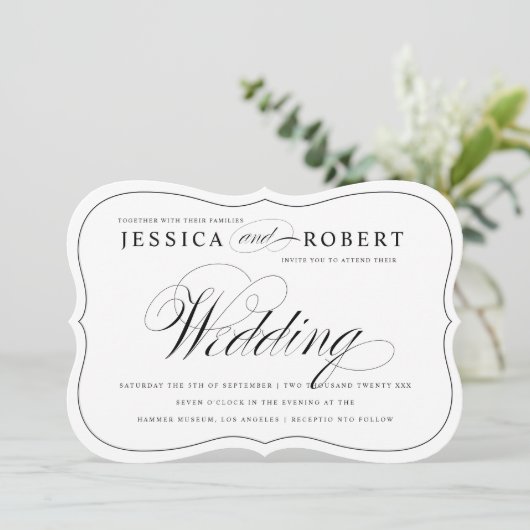 Faire-part de mariage de script élégant noir et bl (Debout devant)