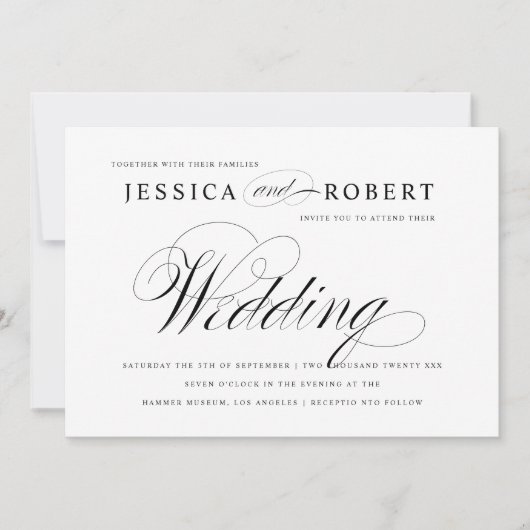 Faire-part de mariage de script élégant noir et bl (Devant)