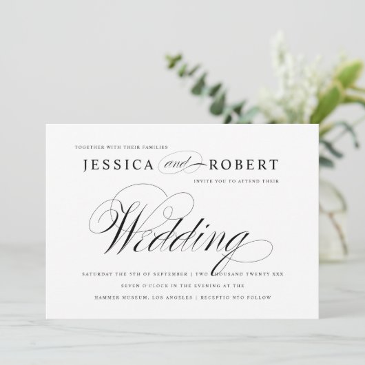 Faire-part de mariage de script élégant noir et bl (Debout devant)