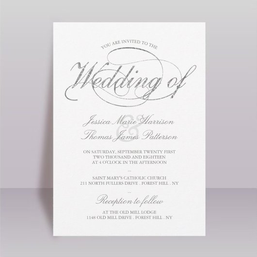 Faire-part de mariage de script en argent Chic Fau