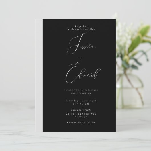 Faire-part de mariage de script noir moderne (Debout devant)