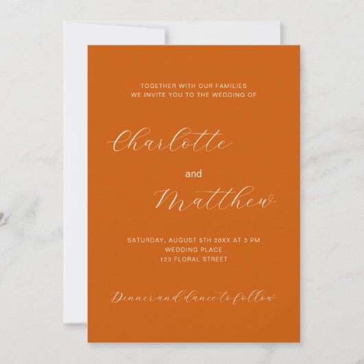 Faire-part de mariage de script orange brûlé (Devant)