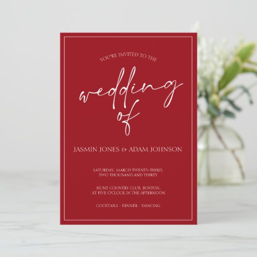 Faire-part de mariage de script rouge Crimson mini (Debout devant)