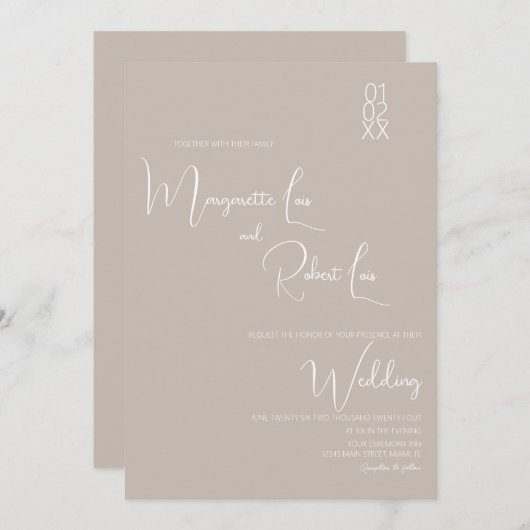 Faire-part de mariage de script Tan White (Devant / Derrière)