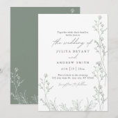 Faire-part de mariage de script vert blanc et saga (Devant / Derrière)