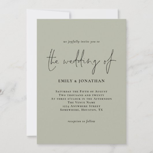 Faire-part de mariage de script vert de format pâl (Devant)