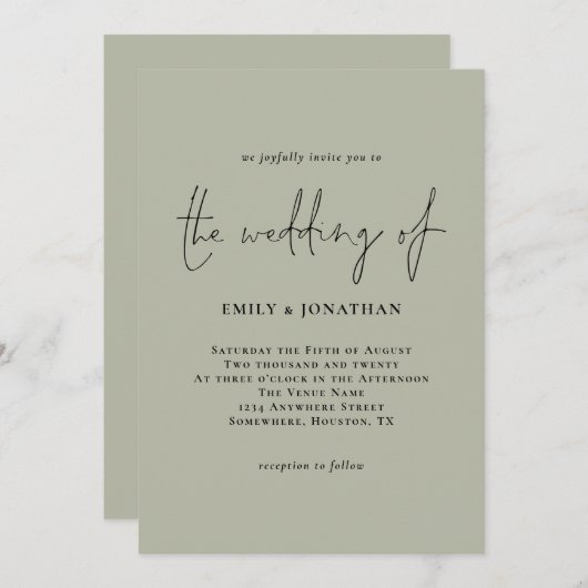 Faire-part de mariage de script vert de format pâl (Devant / Derrière)