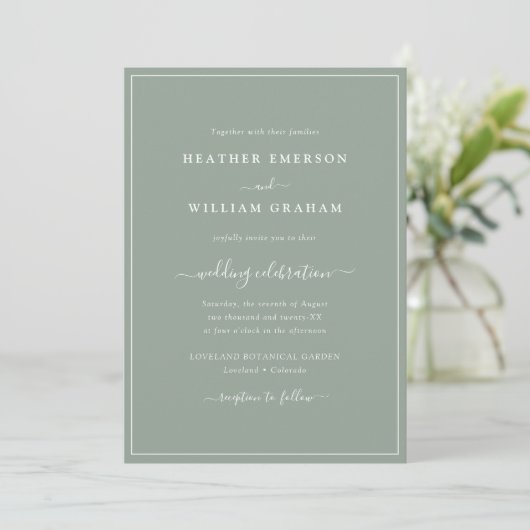 Faire-part de mariage de script vert Sage (Debout devant)