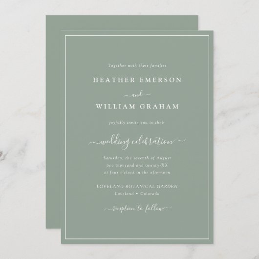 Faire-part de mariage de script vert Sage (Devant / Derrière)
