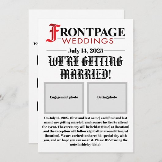 Faire-part de mariage de style journal (Devant / Derrière)