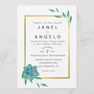 Faire-part de mariage de succulent botanique d'or