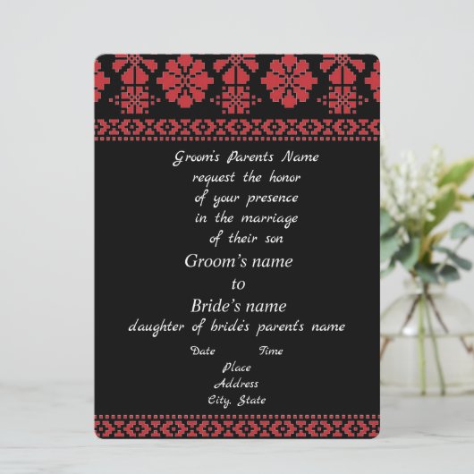 Faire-part de mariage de Tatreez noir et rouge (Debout devant)