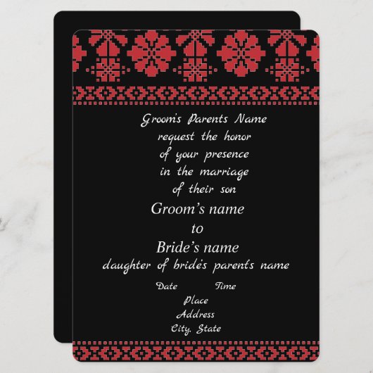 Faire-part de mariage de Tatreez noir et rouge (Devant / Derrière)