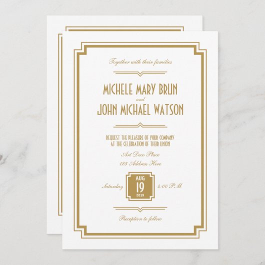Faire-part de mariage de texte Art déco Gold White (Devant / Derrière)