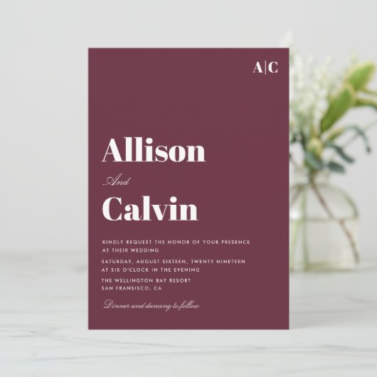 faire-part de mariage de texte moderne bordeaux (Debout devant)