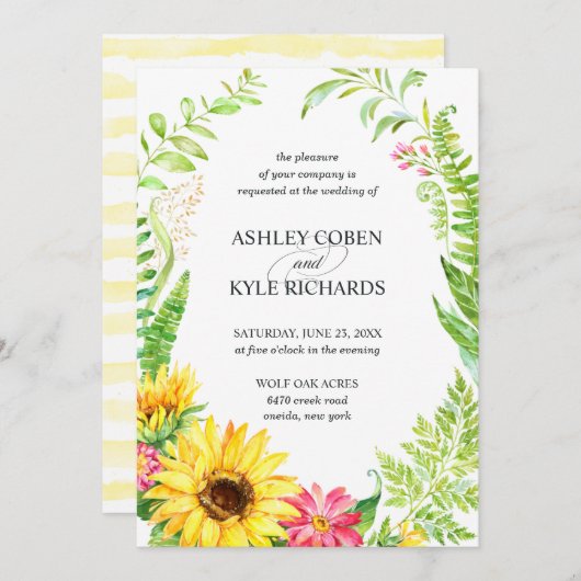 Faire-part de mariage de tournesol à cadre fleuri (Devant / Derrière)