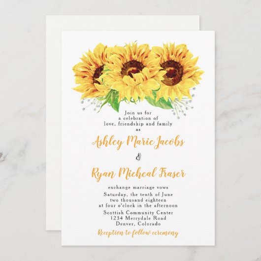 Faire-part de mariage de tournesol aquarelle Flora (Devant / Derrière)