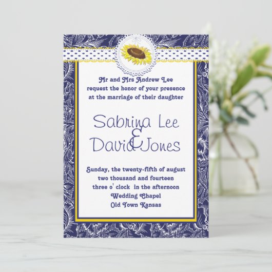 Faire-part de mariage de tournesol bleu royal et j (Debout devant)