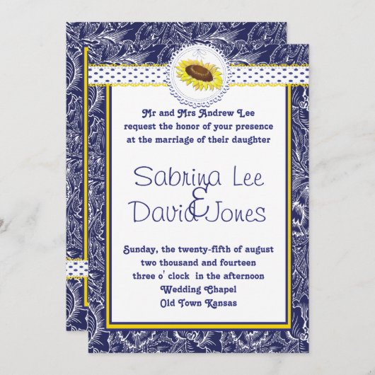 Faire-part de mariage de tournesol bleu royal et j (Devant / Derrière)