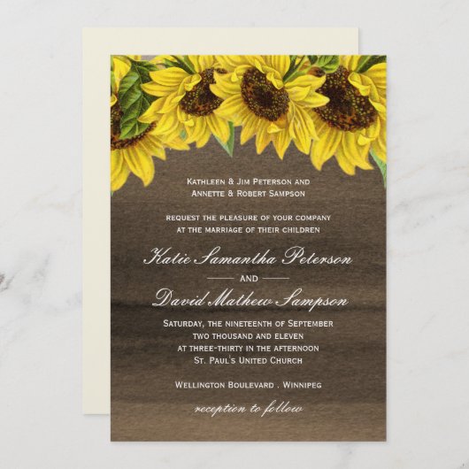 Faire-part de mariage de tournesol d'aquarelle (Devant / Derrière)