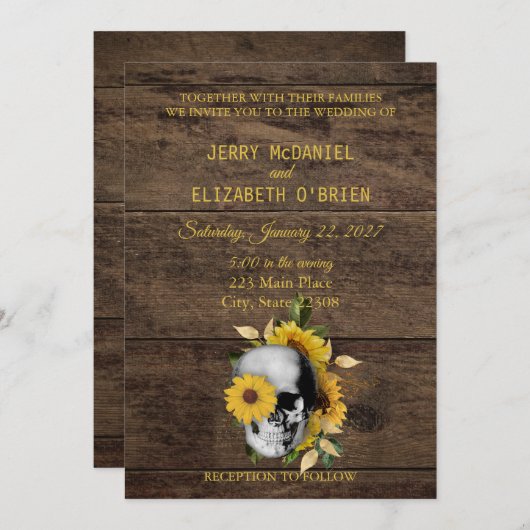 Faire-part de mariage de tournesol de crâne rustiq (Devant / Derrière)