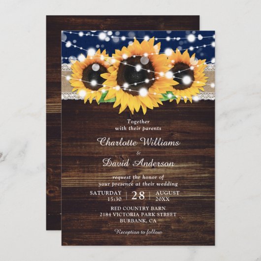 Faire-part de mariage de tournesol en bois bleu de (Devant / Derrière)