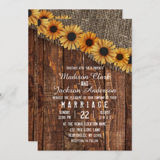 Faire-part de mariage de tournesol en bois rustiqu (Devant / Derrière)