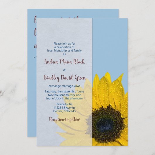 Faire-part de mariage de tournesol jaune bleu pâle (Devant / Derrière)