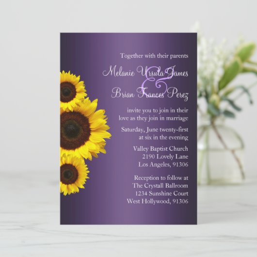 Faire-part de mariage de tournesol mauve et jaune (Debout devant)