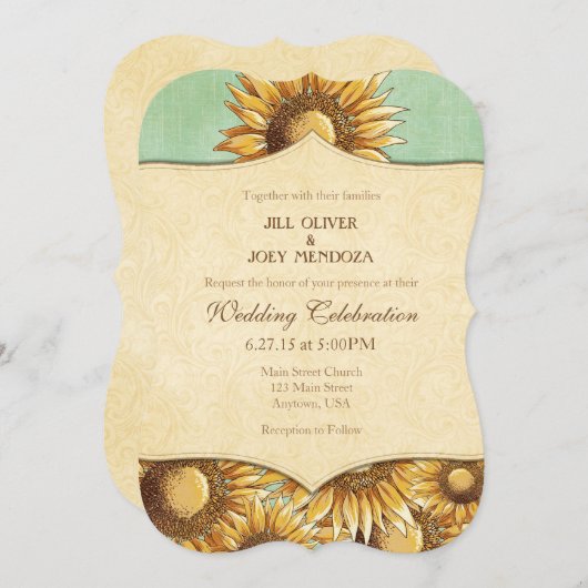 Faire-part de mariage de tournesol rustique vert à (Devant / Derrière)