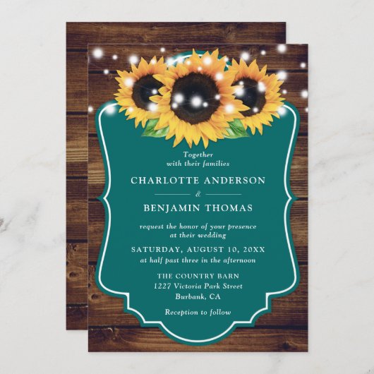 Faire-part de mariage de tournesol Turquoise en bo (Devant / Derrière)