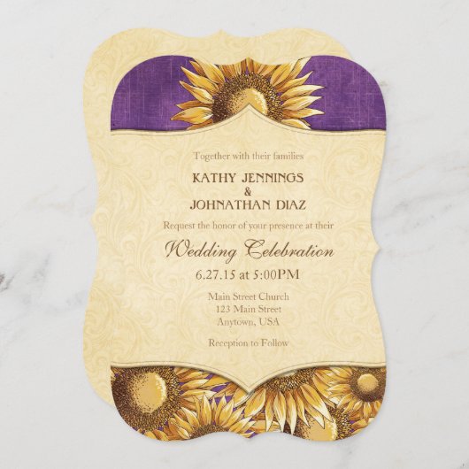 Faire-part de mariage de tournesol violet rustique (Devant / Derrière)