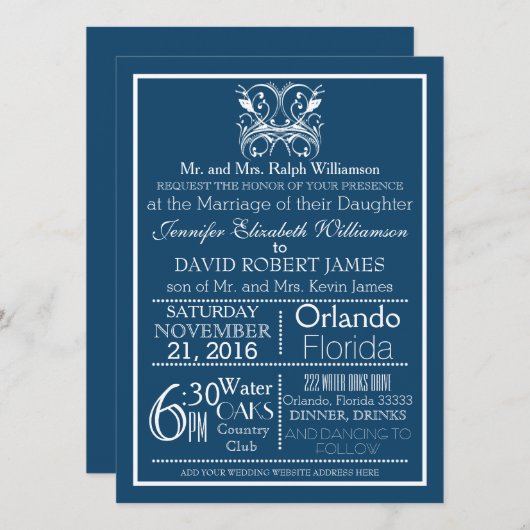 Faire-part de mariage de typographie bleu profond  (Devant / Derrière)