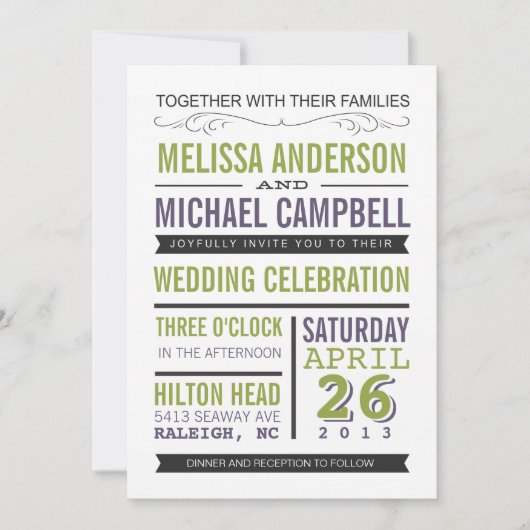 Faire-part de mariage de typographie violette et v (Devant)