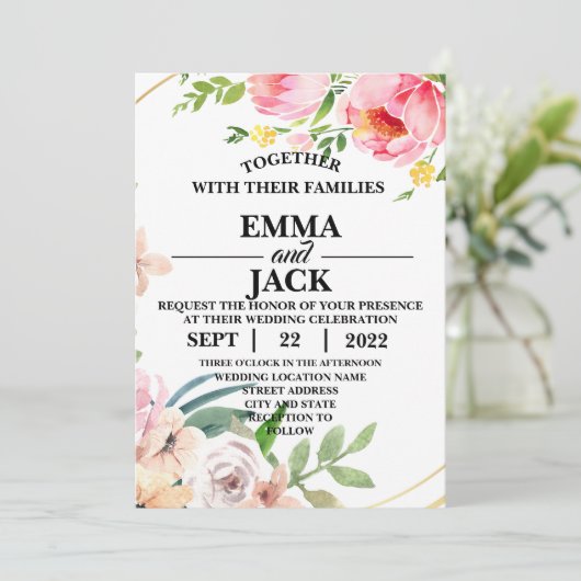 Faire-part de mariage de verdure fleurie rose et b (Debout devant)