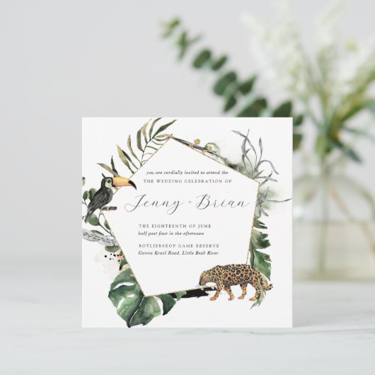 Faire-part de mariage de verdure tropicale de la J (Debout devant)