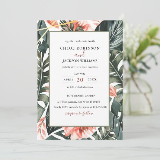 Faire-part de mariage de verdure tropicale florale (Debout devant)