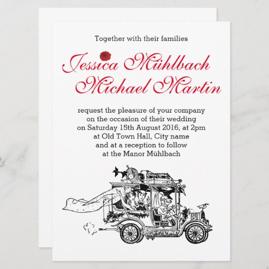 Faire-part de mariage de voiture rétro 16,5 cm x 2 (Devant / Derrière)