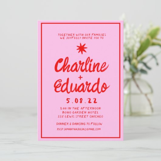 Faire-part de mariage d'écriture manuscrite rose e (Debout devant)