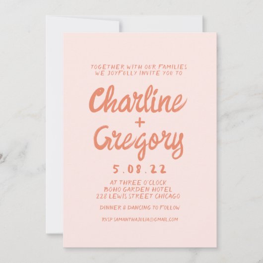 Faire-part de mariage d'écriture manuscrite rose e (Devant)