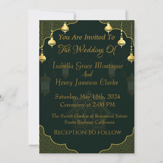 Faire-part de mariage d'écriture vert foncé et or (Devant)
