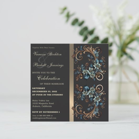 Faire-part de mariage d'élégance florale dorée (Debout devant)