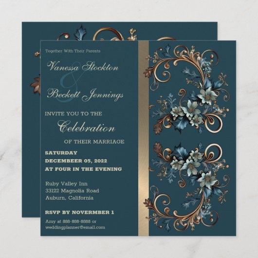 Faire-part de mariage d'élégance florale dorée (Devant / Derrière)