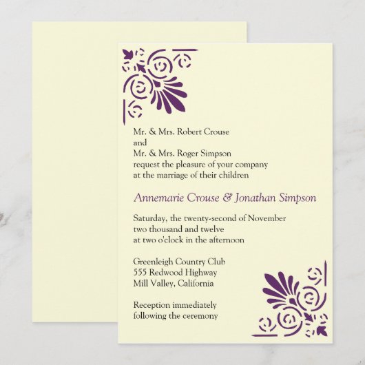 Faire-part de mariage d'éléments de déco violet (Devant / Derrière)