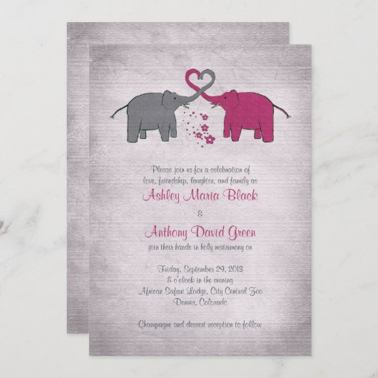 Faire-part de mariage d'éléphant rose et gris (Devant / Derrière)